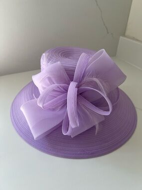 Lavender Women's Dress Hat with Decorative organza bow and subtle feather detail
